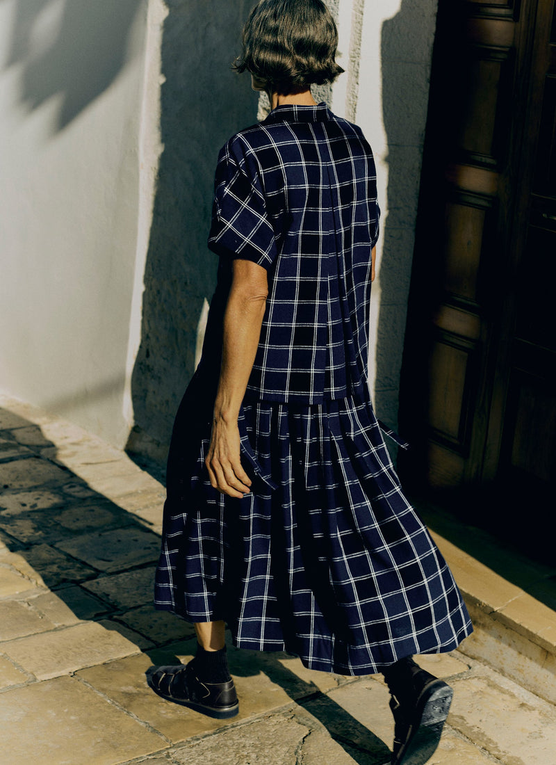 Market Check Pleated Cotton Linen Skirt | Denim Blue