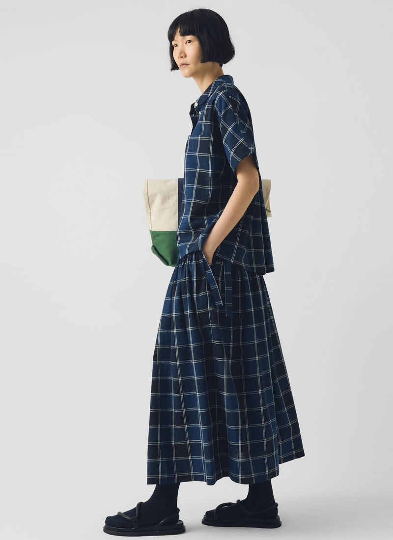 Market Check Pleated Cotton Linen Skirt | Denim Blue