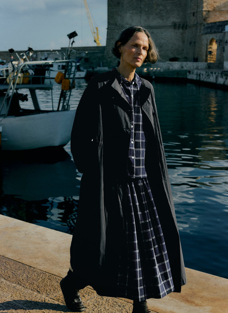 Market Check Pleated Cotton Linen Skirt | Denim Blue