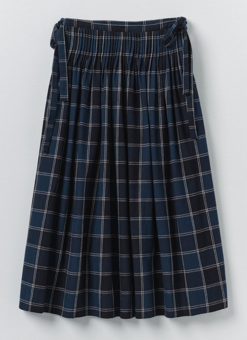 Market Check Pleated Cotton Linen Skirt | Denim Blue