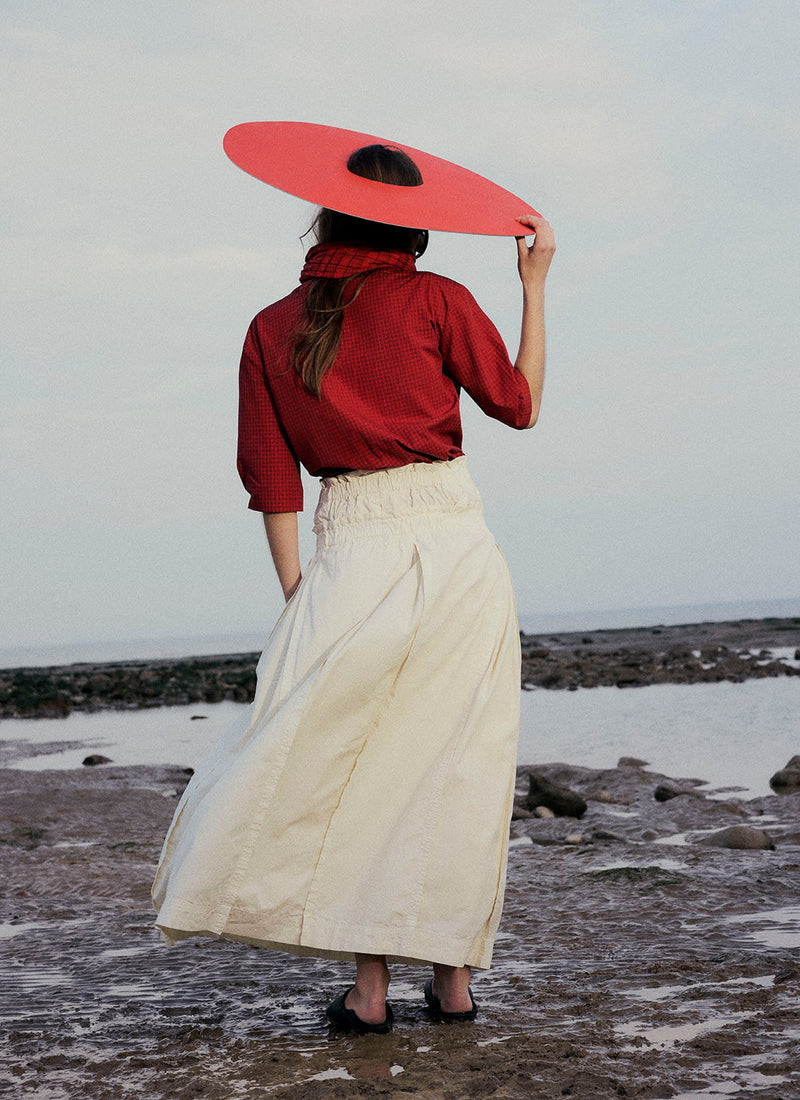 Cotton Linen Poplin Box Pleat Skirt | Ecru