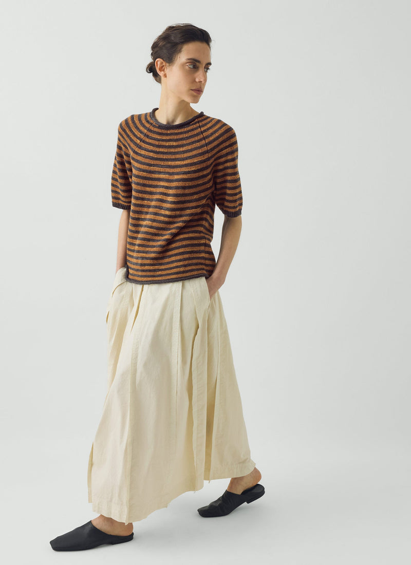 Cotton Linen Poplin Box Pleat Skirt | Ecru