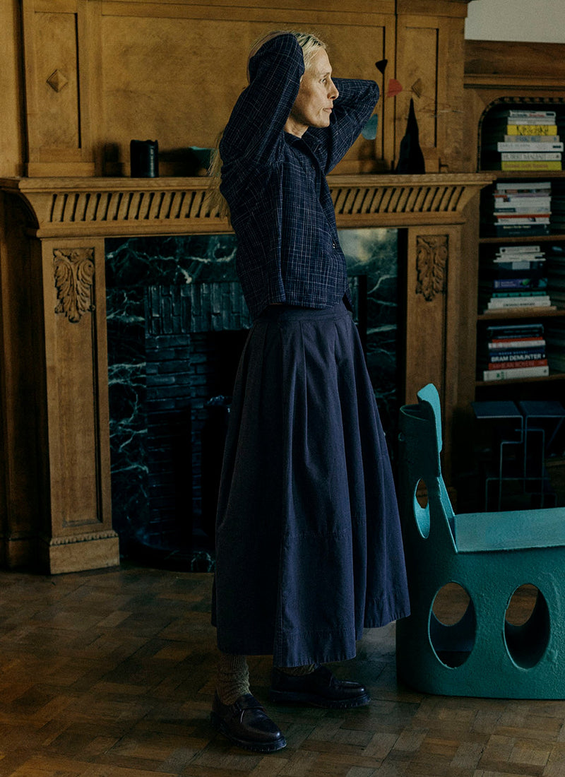 Slanted Pleat Cotton Skirt | Slate