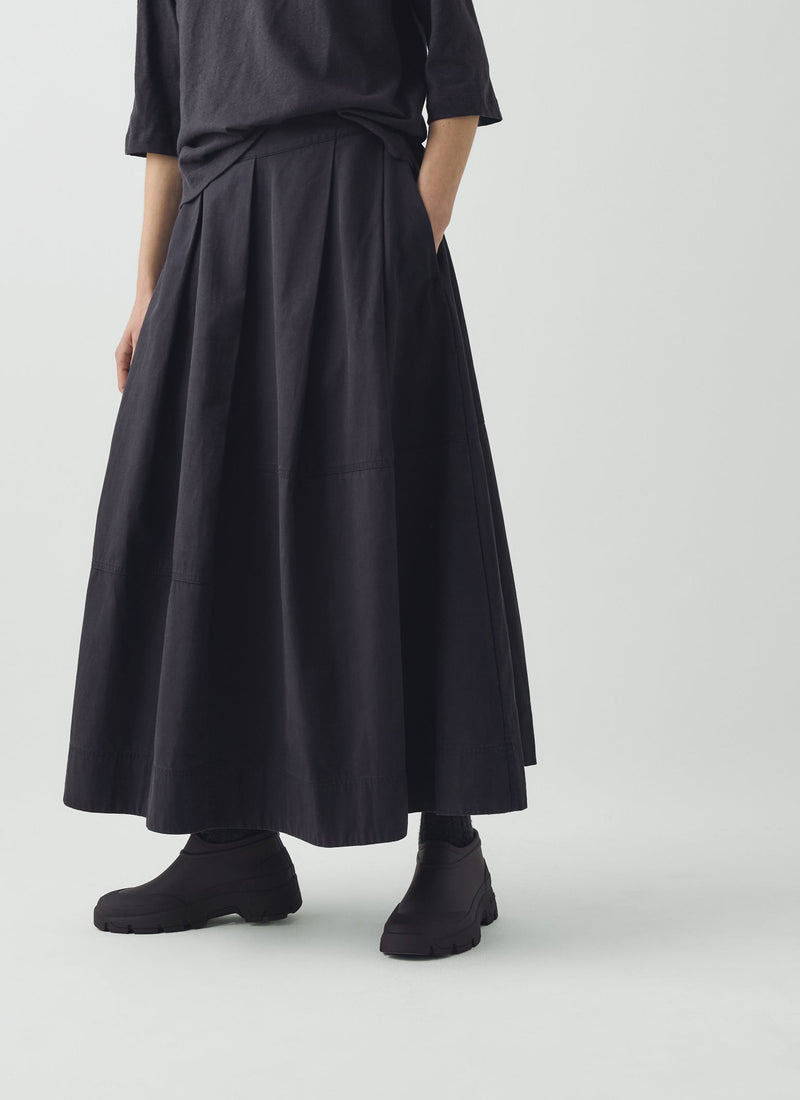 Slanted Pleat Cotton Skirt | Slate