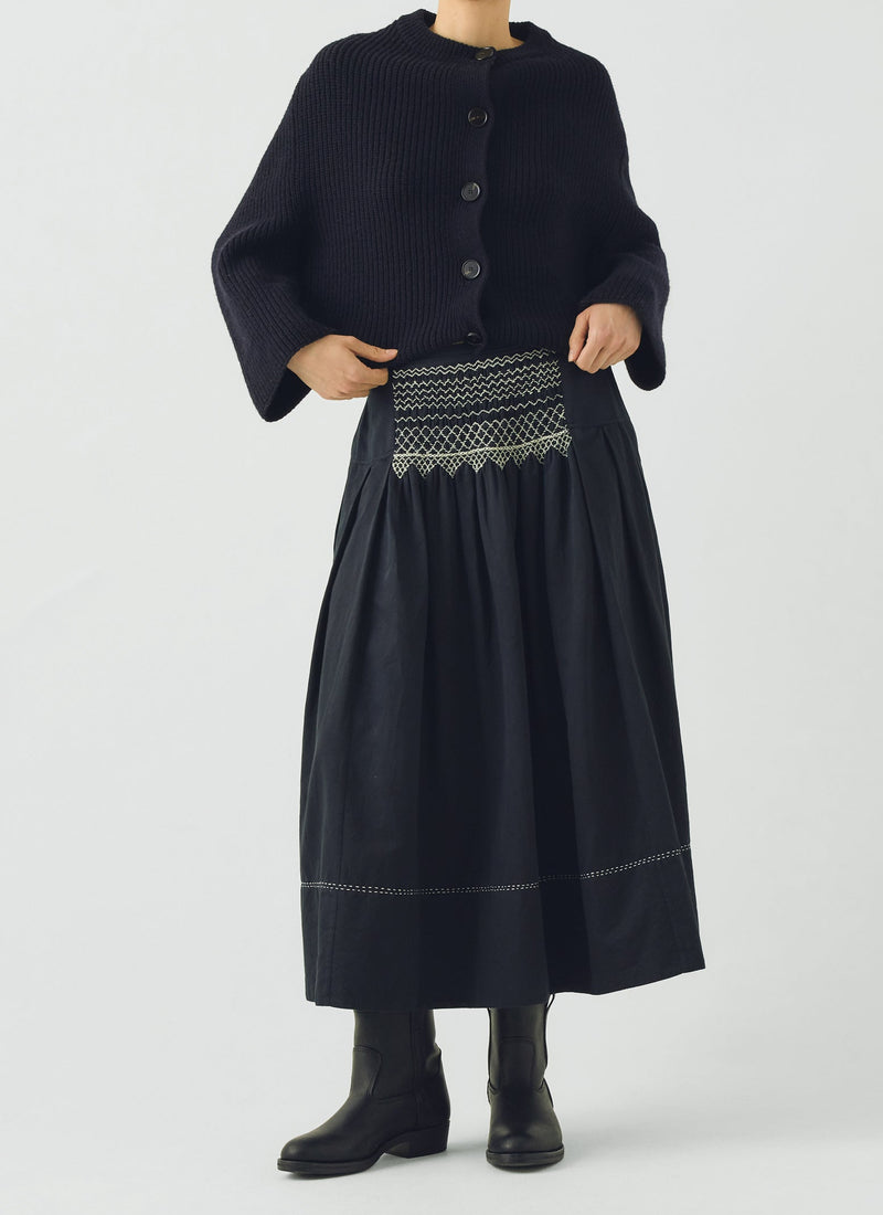 Cotton Satin Smocked Skirt | Midnight