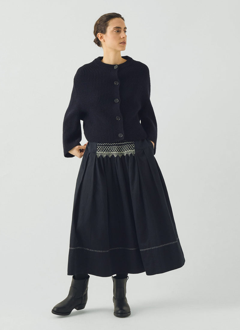 Cotton Satin Smocked Skirt | Midnight