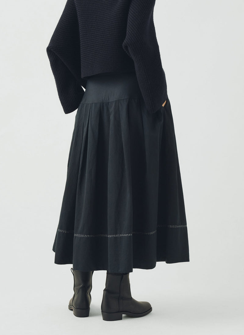Cotton Satin Smocked Skirt | Midnight
