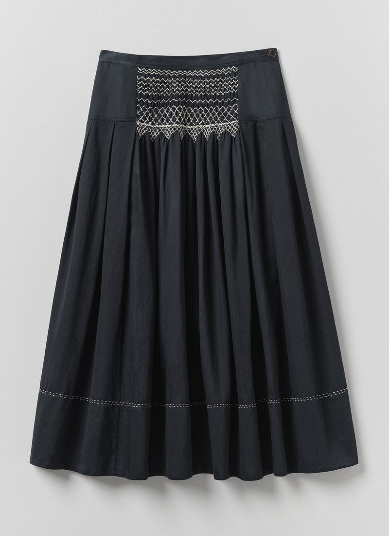 Cotton Satin Smocked Skirt | Midnight