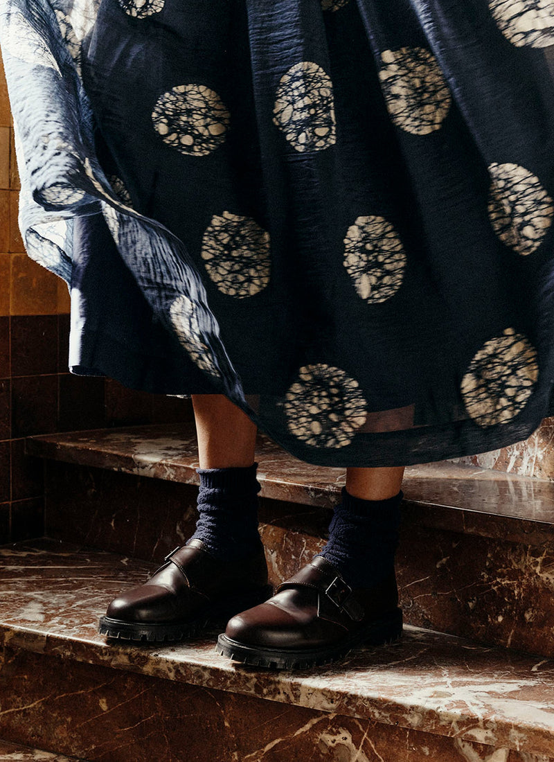 Batik Dot Cotton Silk Pleated Skirt | Dark Midnight