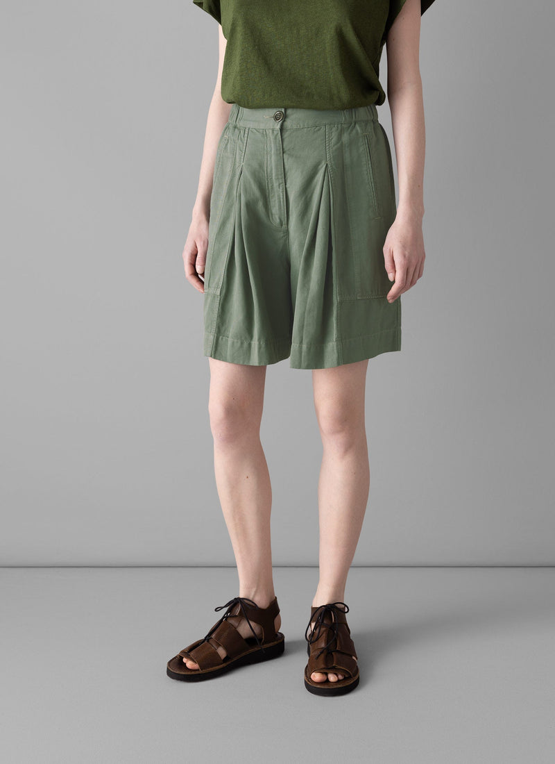 Pleated Cotton Linen Twill Shorts | Sage