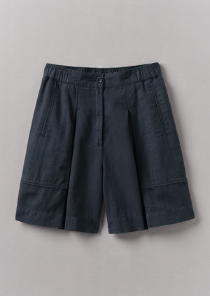 Pleated Cotton Linen Twill Shorts | Slate Navy