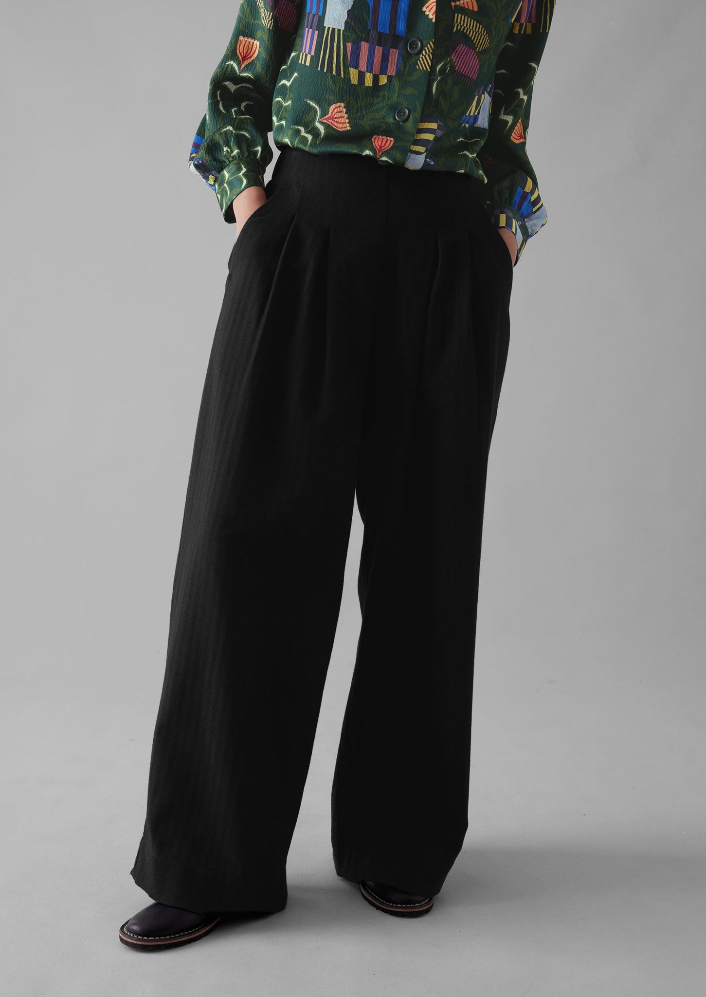 Corinne Wool Cotton Herringbone Wide Leg Trousers | Black