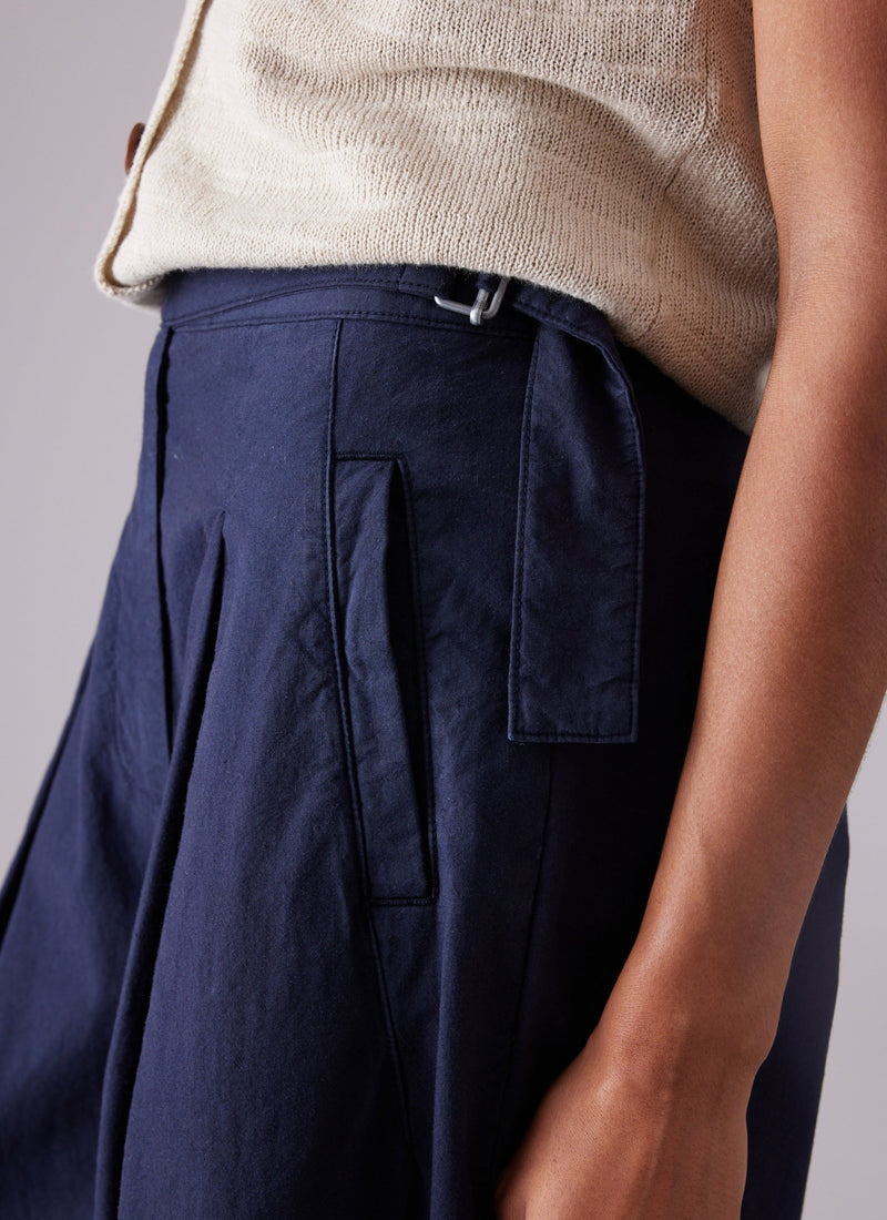Belted Cotton Linen Poplin Wide Leg Trousers | Raven Blue