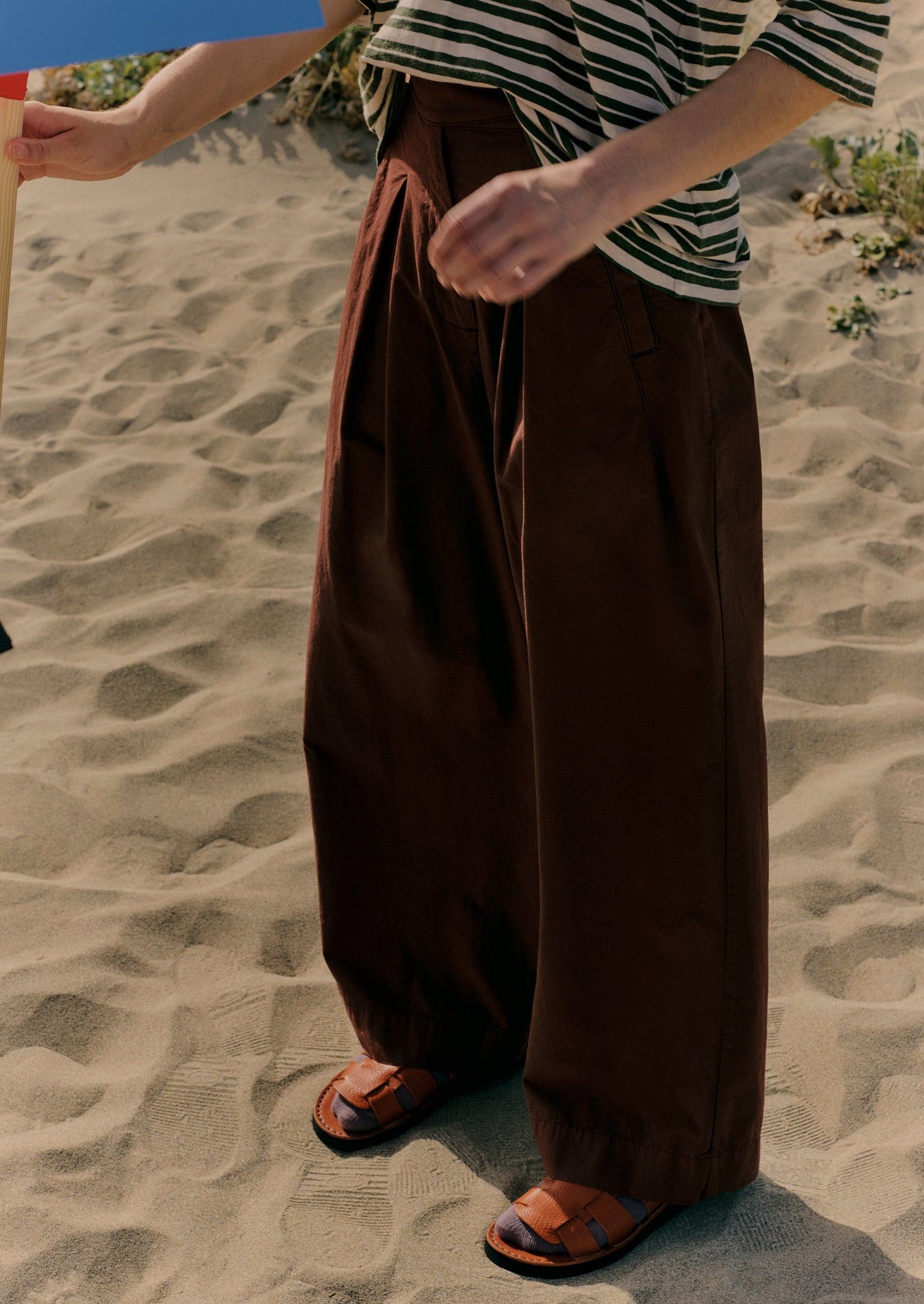 Belted Cotton Linen Poplin Wide Leg Trousers | Brown Ochre