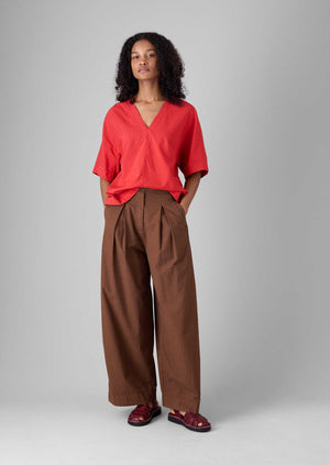 Belted Cotton Linen Poplin Wide Leg Trousers | Brown Ochre