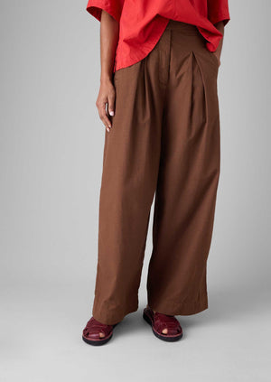 Belted Cotton Linen Poplin Wide Leg Trousers | Brown Ochre