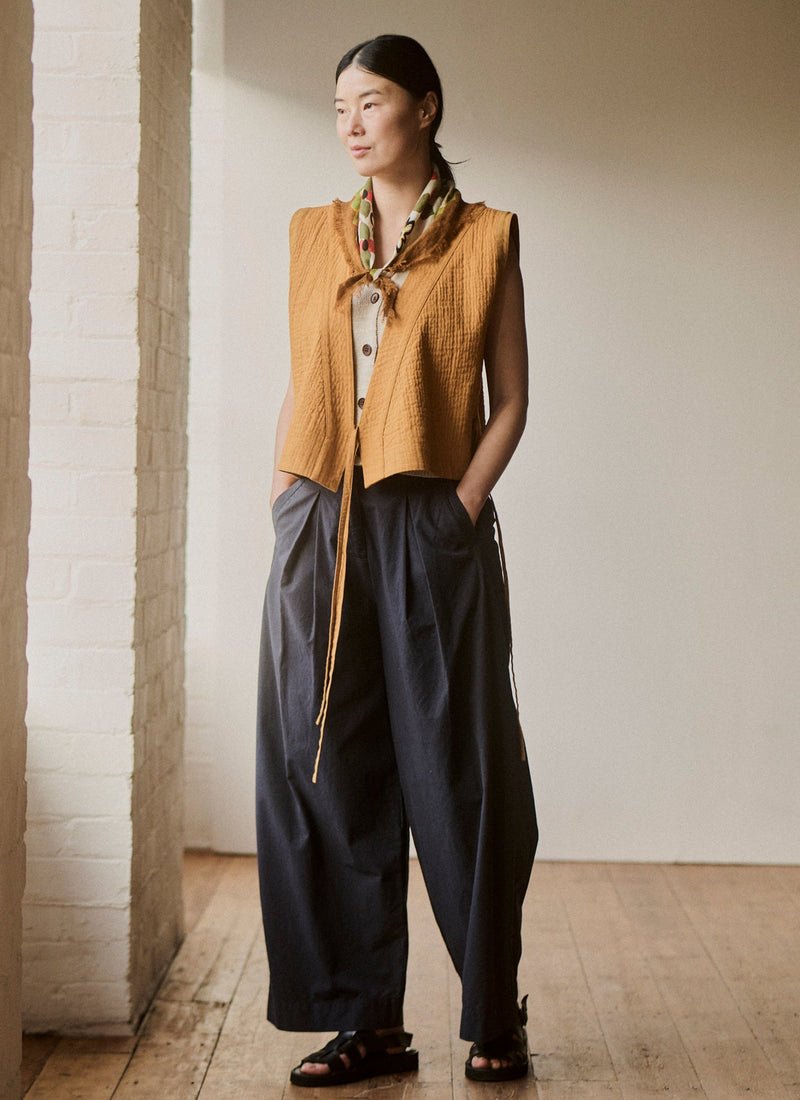Belted Cotton Linen Poplin Wide Leg Trousers | Raven Blue