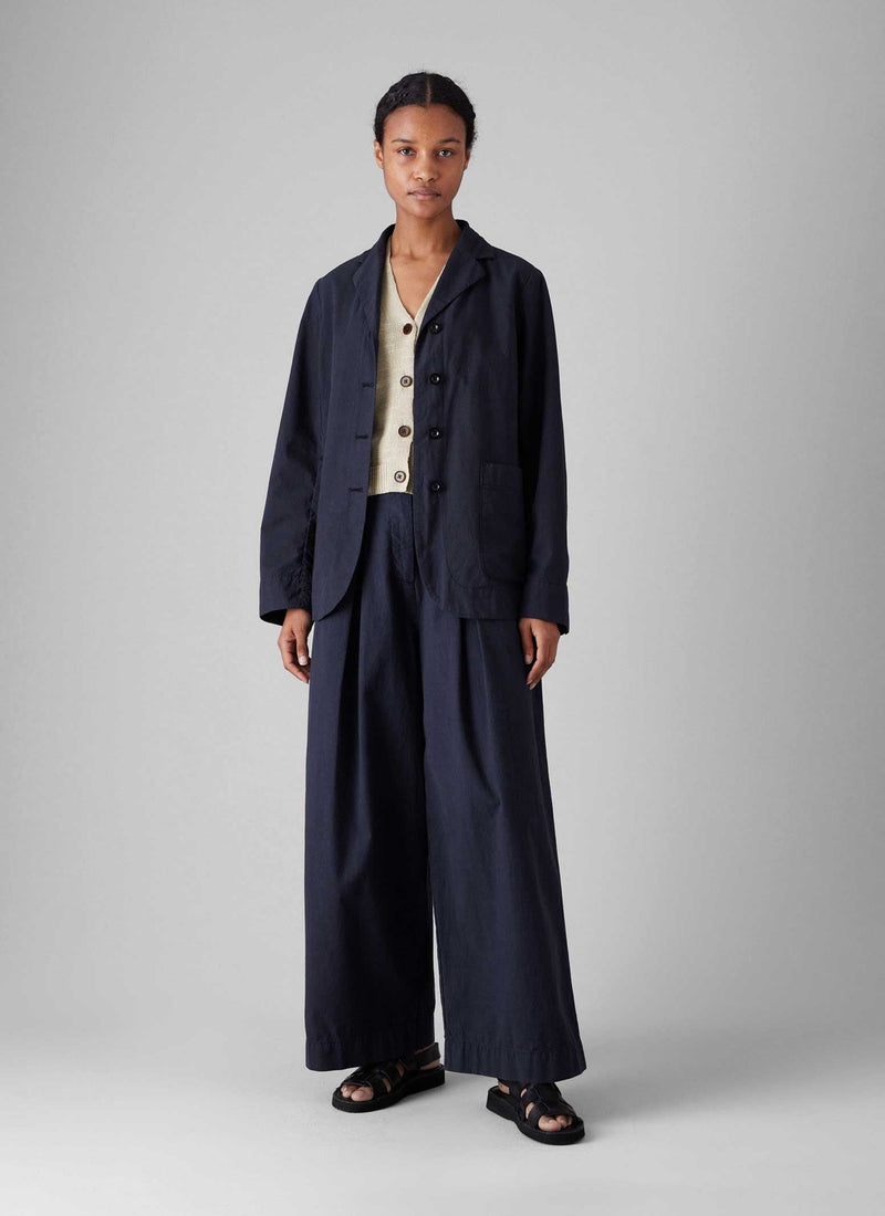 Belted Cotton Linen Poplin Wide Leg Trousers | Raven Blue