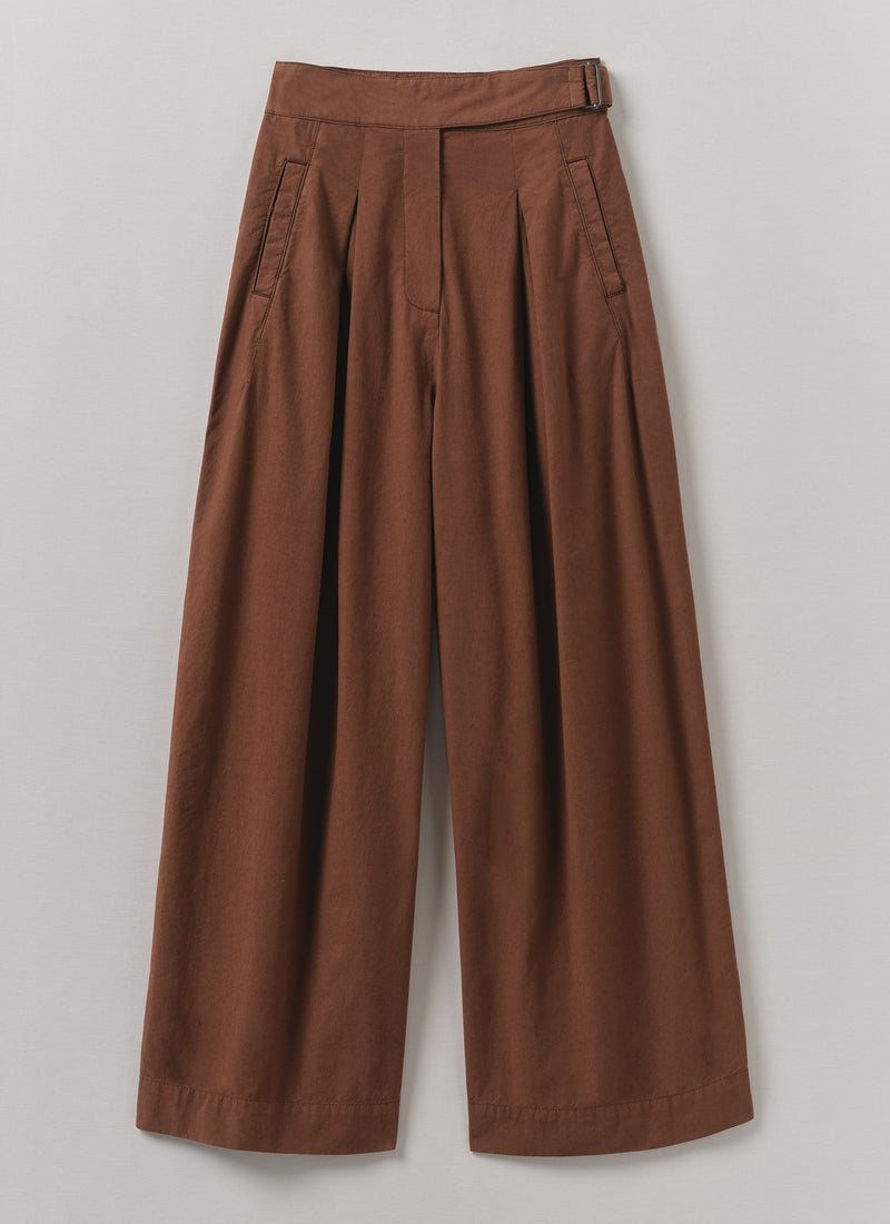 Belted Cotton Linen Poplin Wide Leg Trousers | Brown Ochre