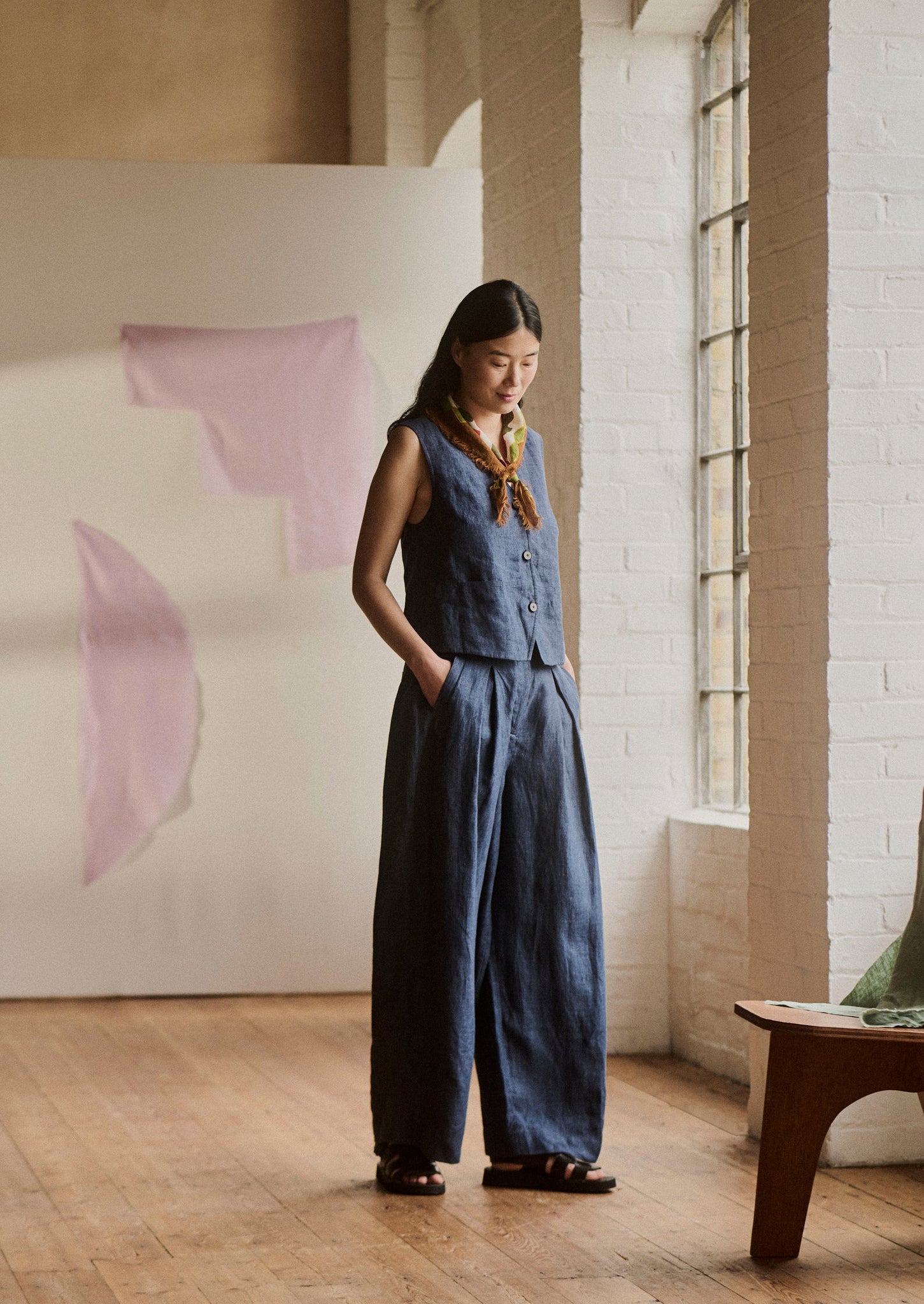 Belted Linen Wide Leg Trousers | Denim Blue