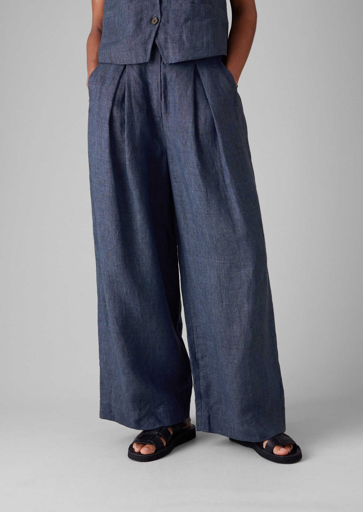 Belted Linen Wide Leg Trousers | Denim Blue