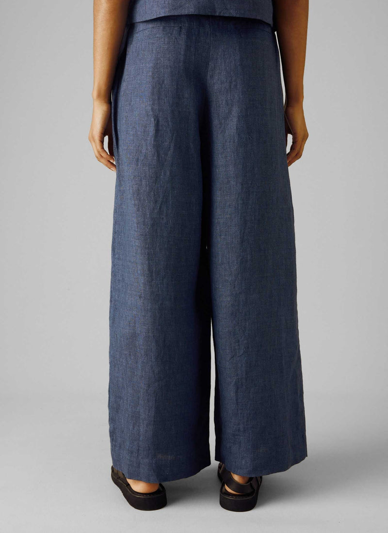 Belted Linen Wide Leg Trousers | Denim Blue