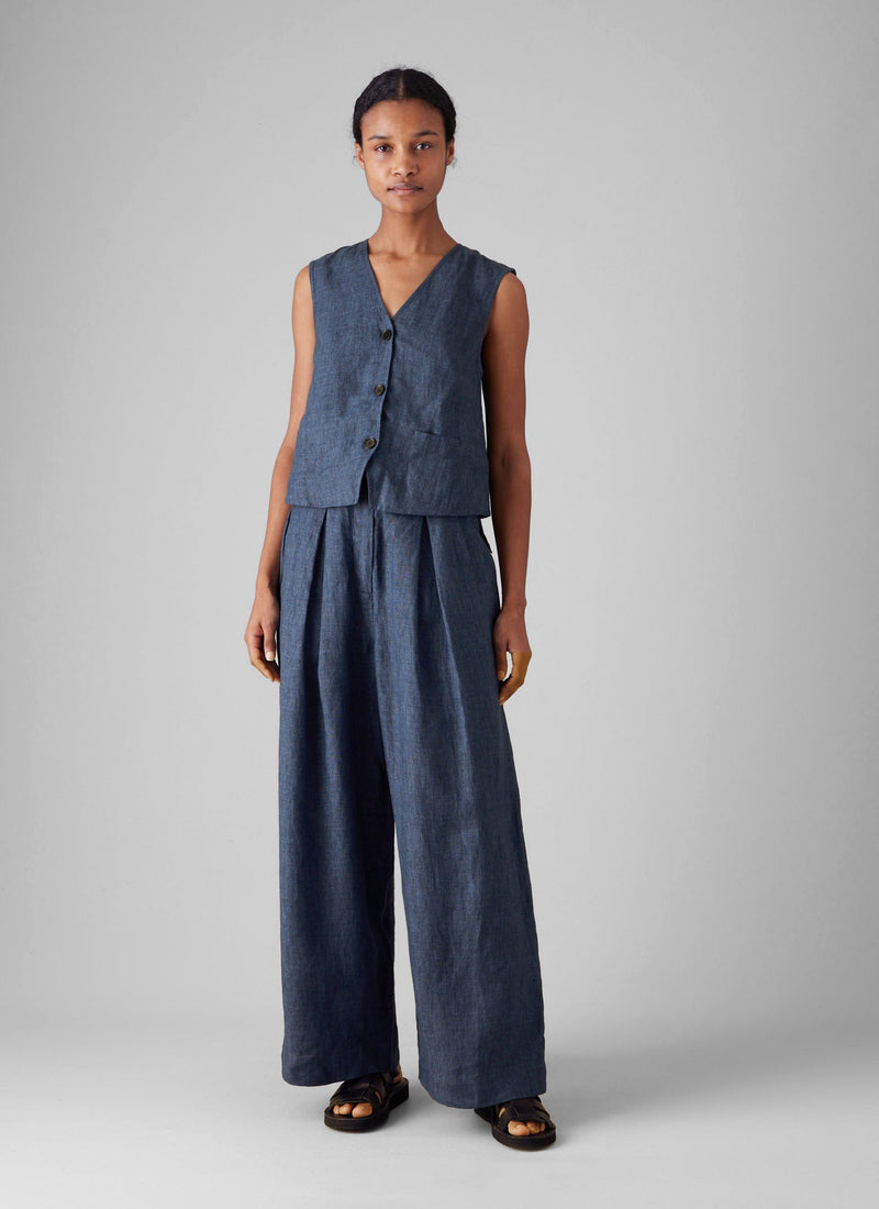 Belted Linen Wide Leg Trousers | Denim Blue