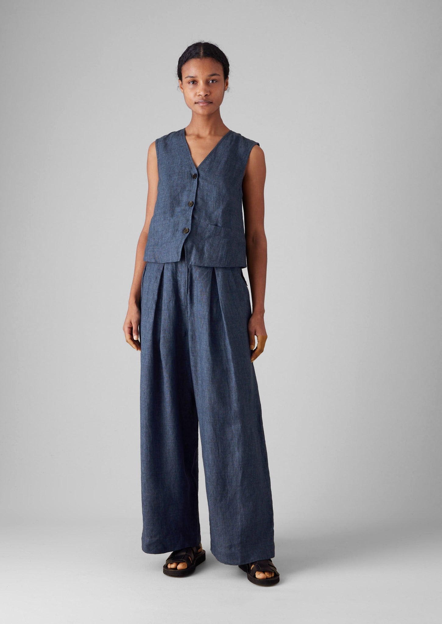 Belted Linen Wide Leg Trousers | Denim Blue