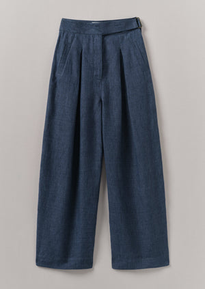Belted Linen Wide Leg Trousers | Denim Blue