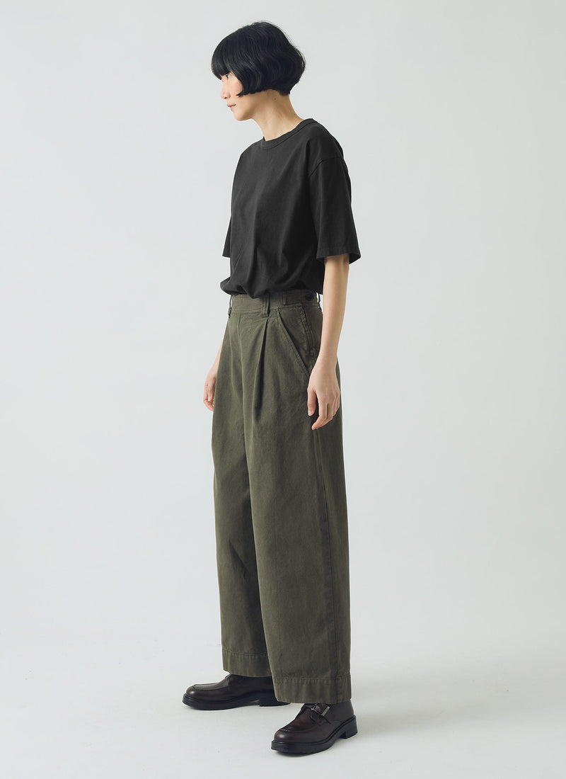Cotton Canvas Pleat Front Trousers | Dark Olive