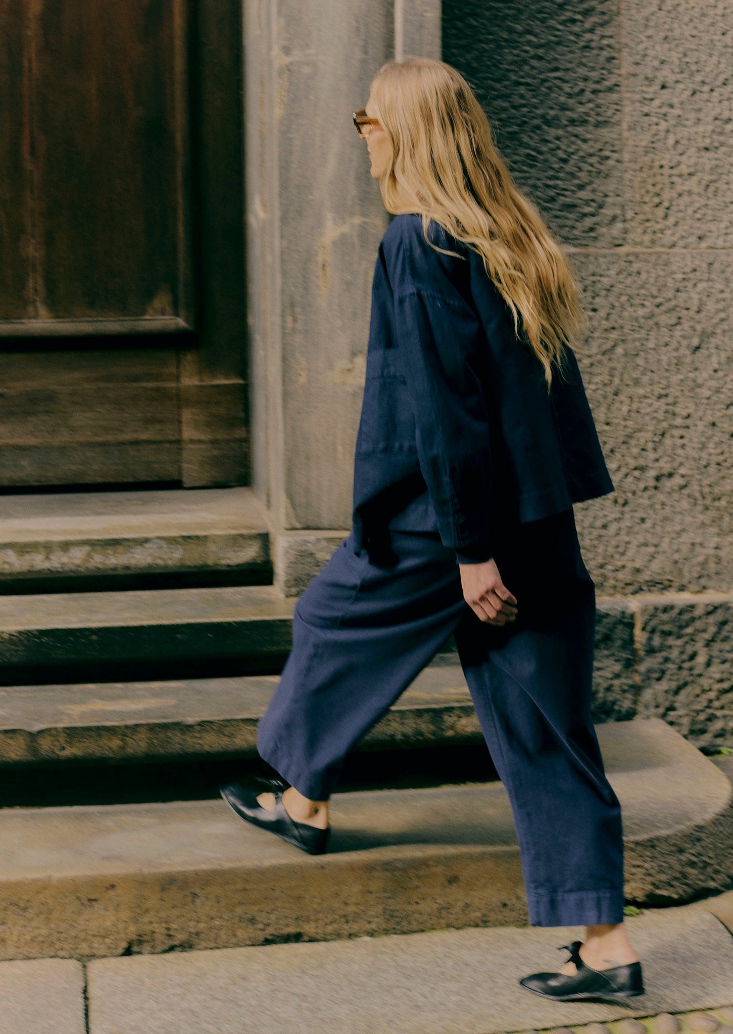 Cotton Canvas Pleat Front Trousers | Blue Navy