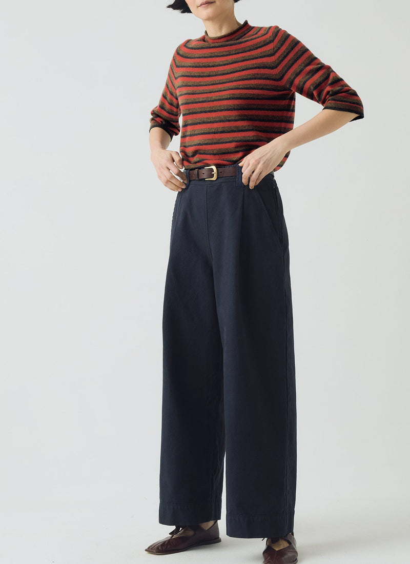 Cotton Canvas Pleat Front Trousers | Blue Navy
