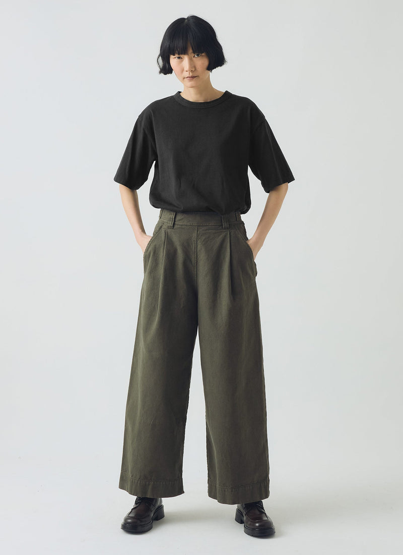 Cotton Canvas Pleat Front Trousers | Dark Olive