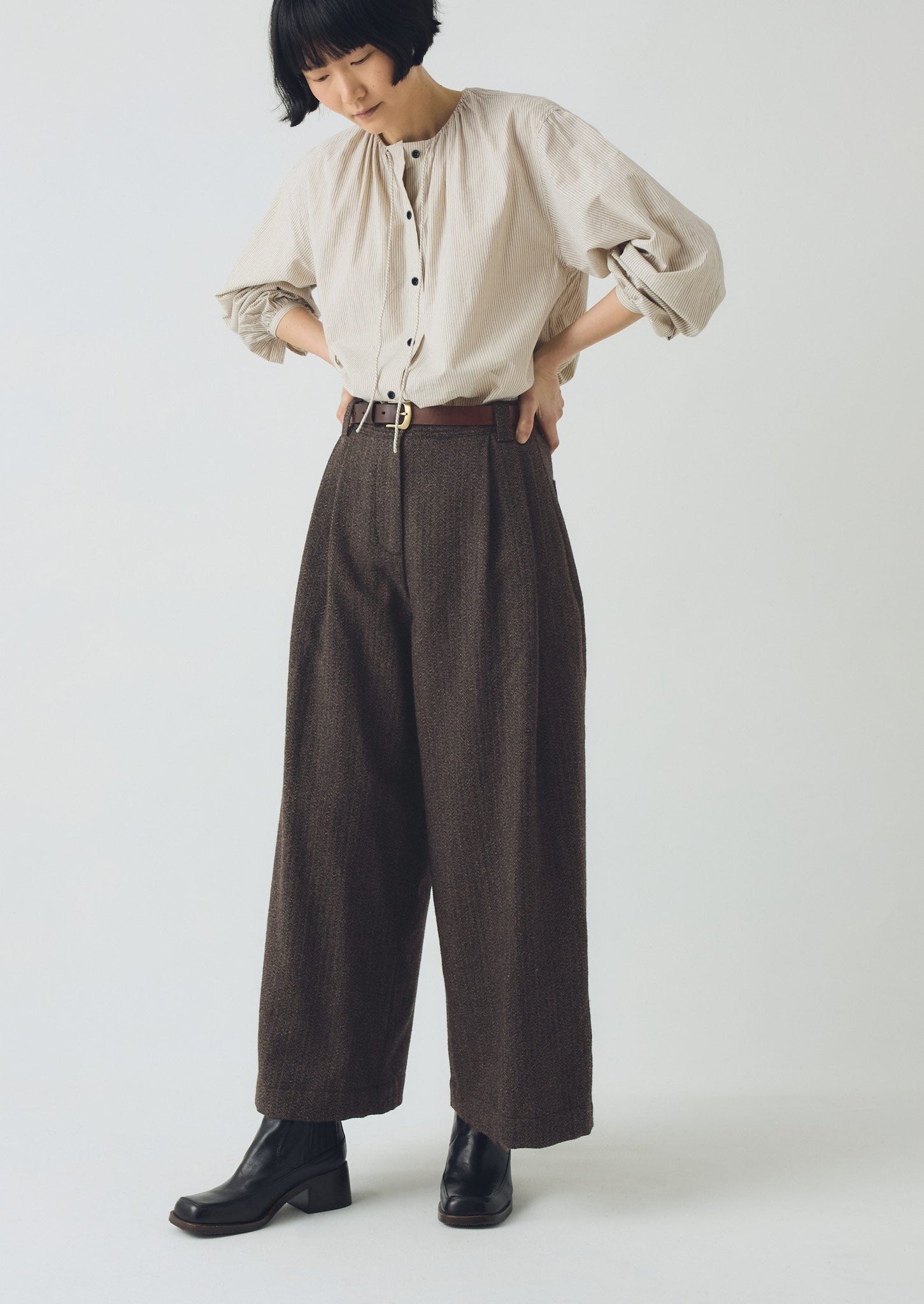 Wool Broken Herringbone Pleat Front Trousers | Charcoal Mouline