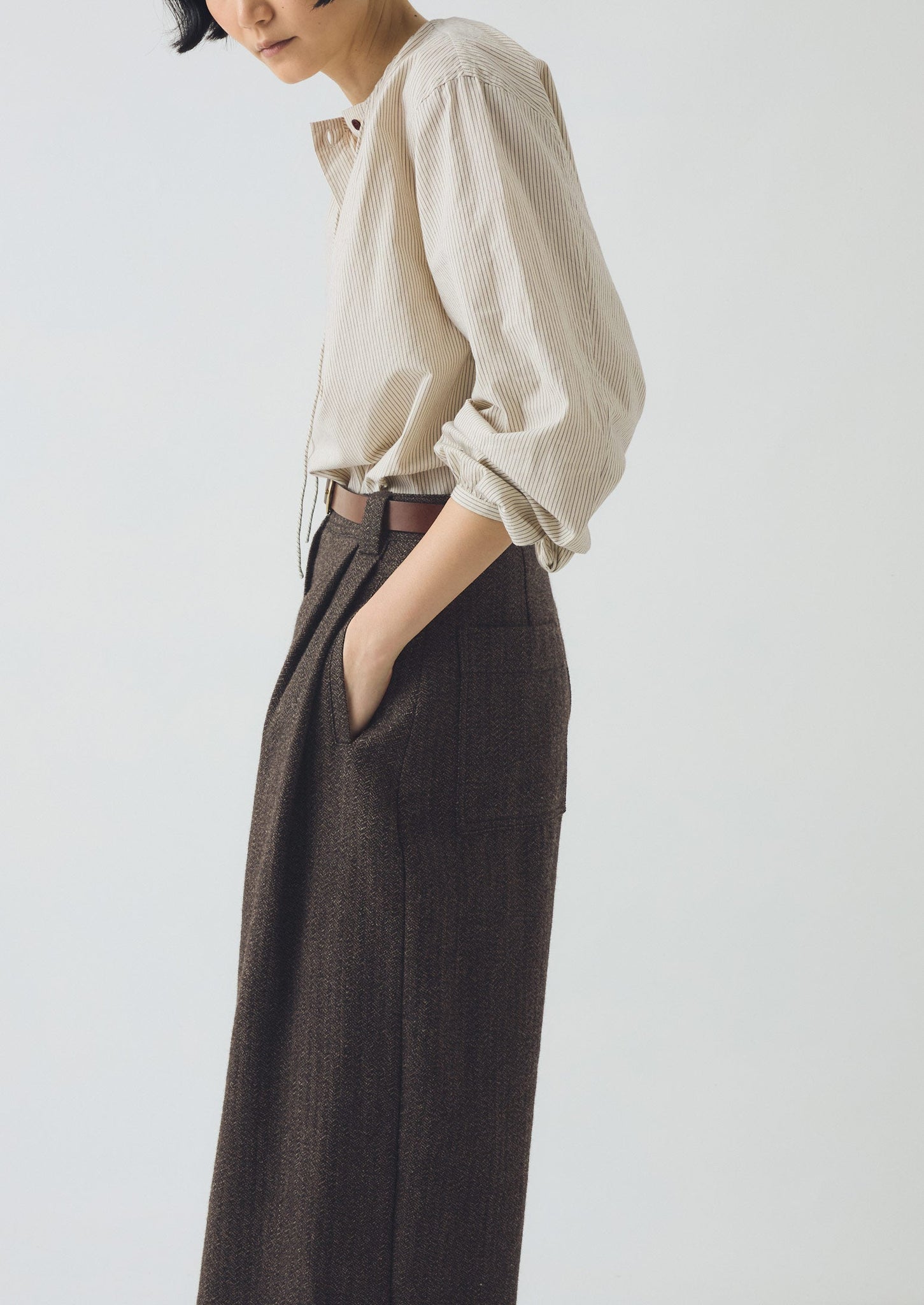 Wool Broken Herringbone Pleat Front Trousers | Charcoal Mouline