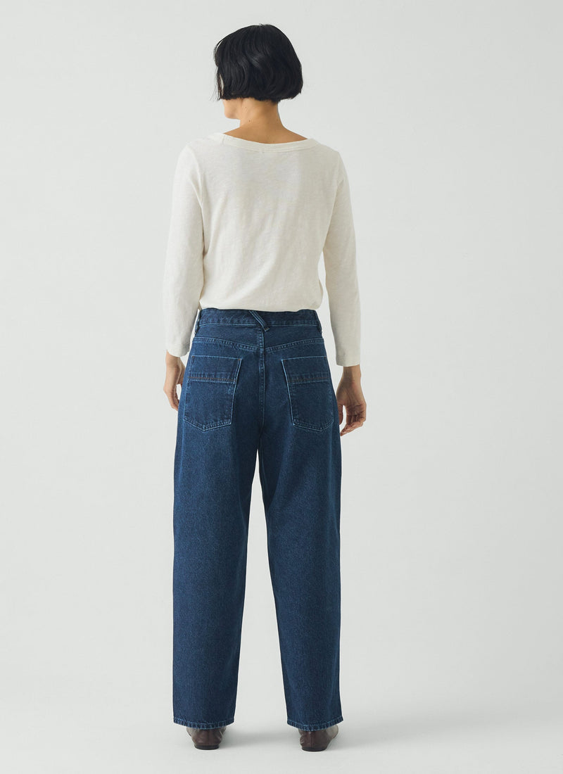 Indigo Denim Tapered Trousers | Mid Blue