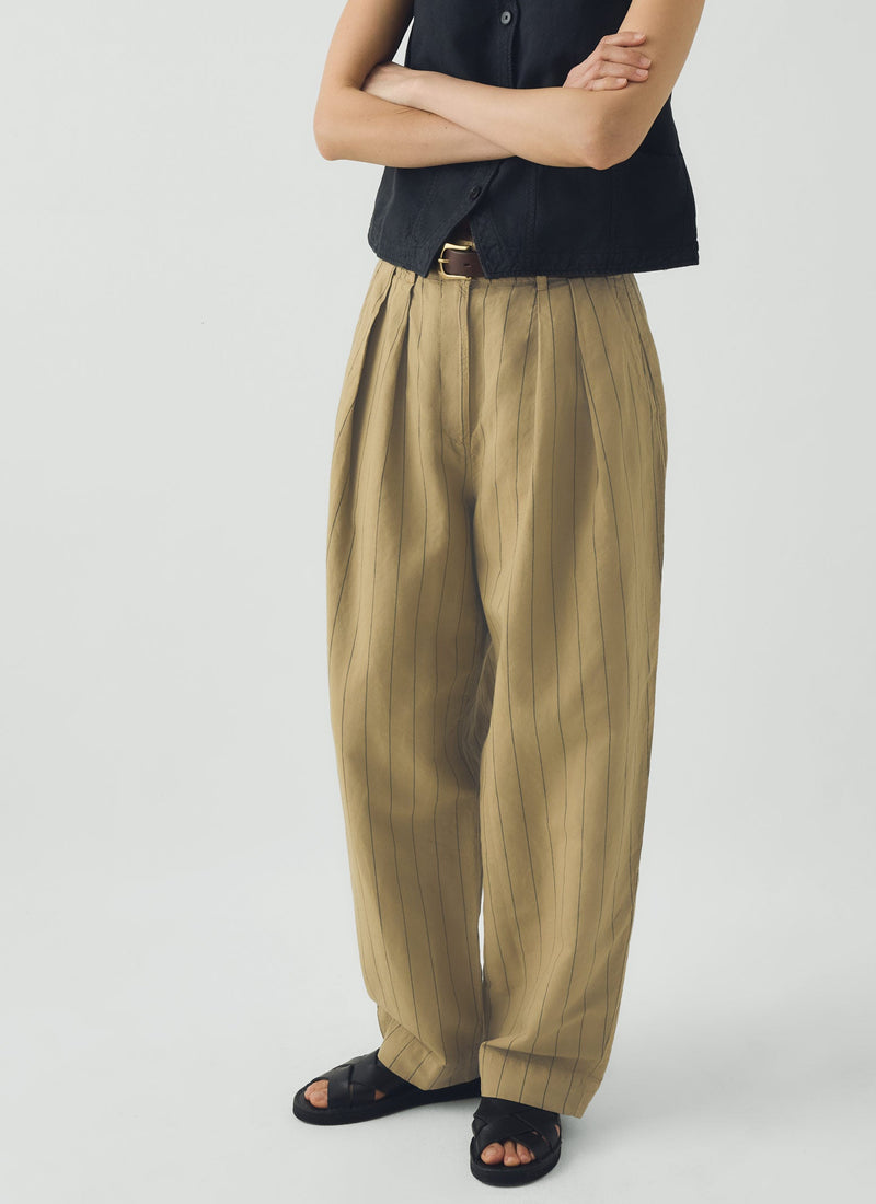 Pleat Front Stripe Cotton Linen Trousers | Fennel Seed