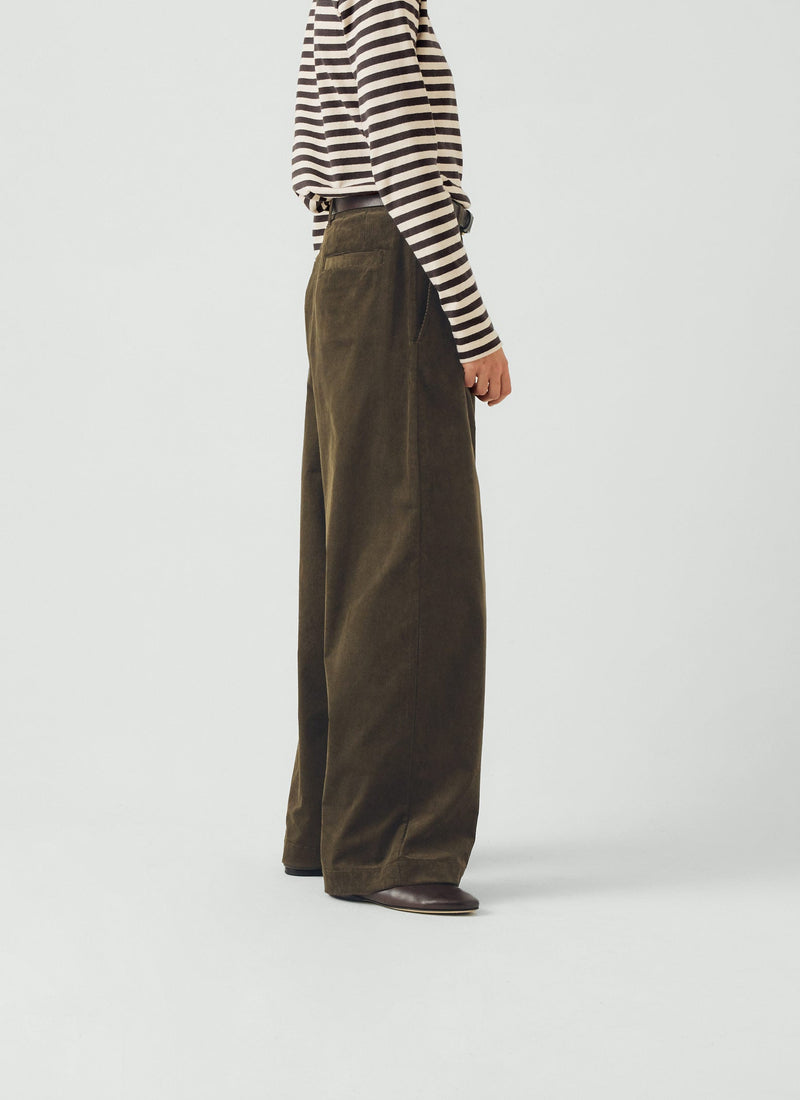 Organic Cord Box Pleat Trousers | Tent Green
