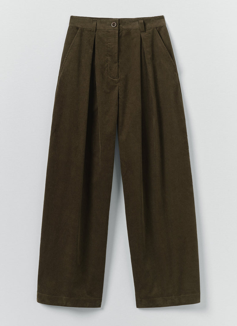 Organic Cord Box Pleat Trousers | Tent Green