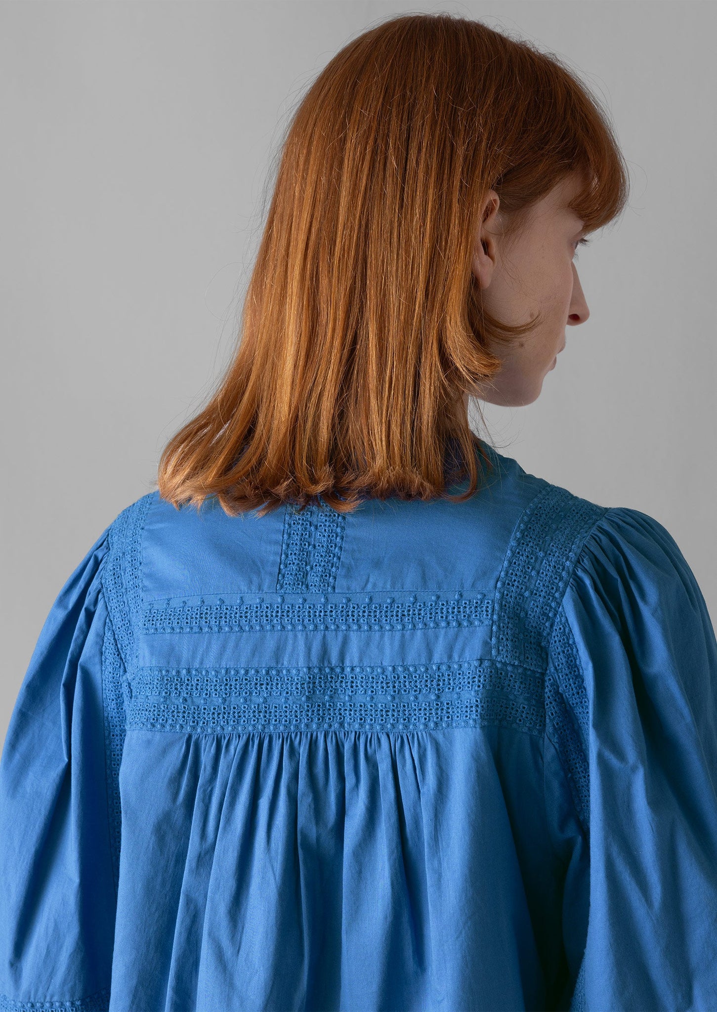 Gathered Sleeve Embroidered Cotton Shirt | Sea Blue