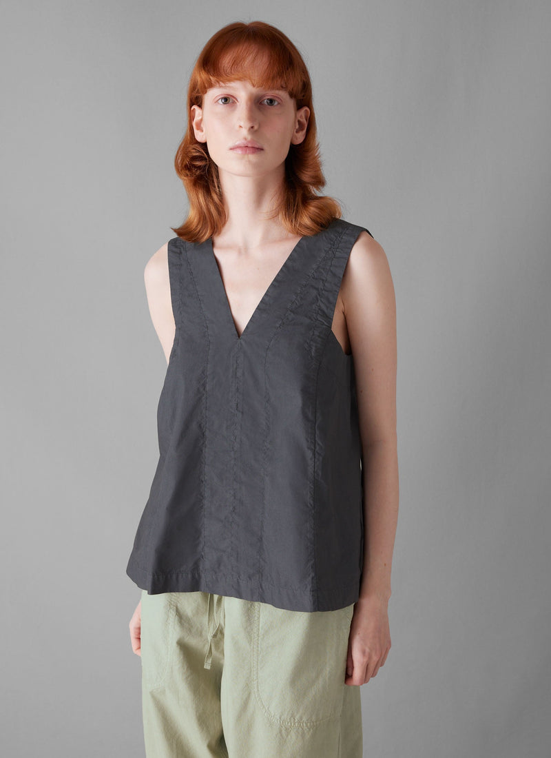 V-Neck Cotton Poplin Top | Slate Navy