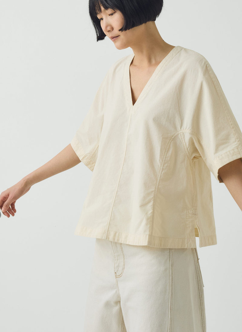 Textured Cotton Poplin V-Neck Top | Ecru