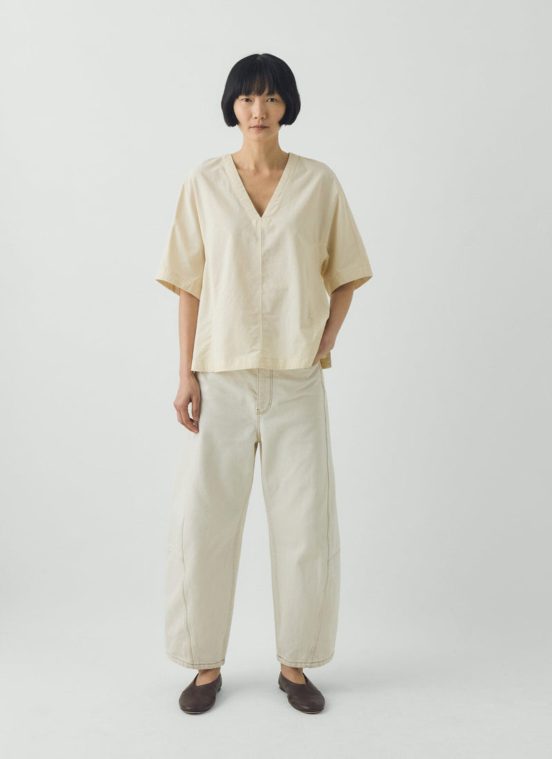 Textured Cotton Poplin V-Neck Top | Ecru