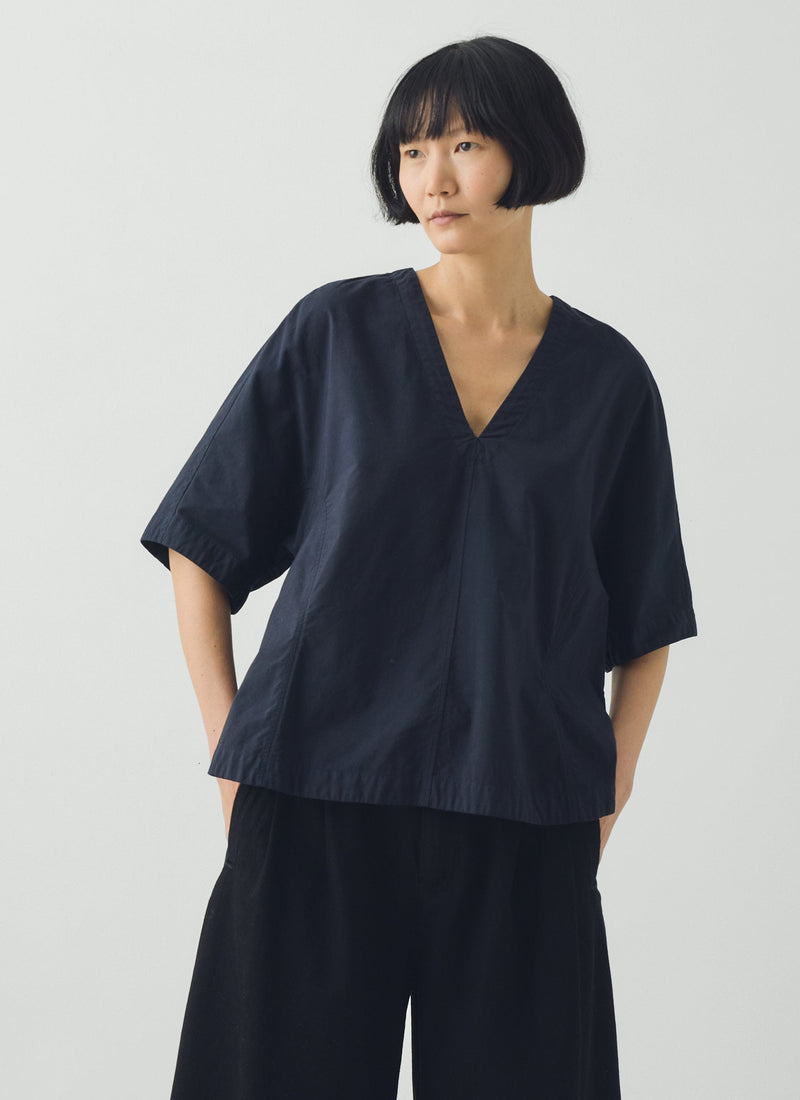 Textured Cotton Poplin V-Neck Top | Ink