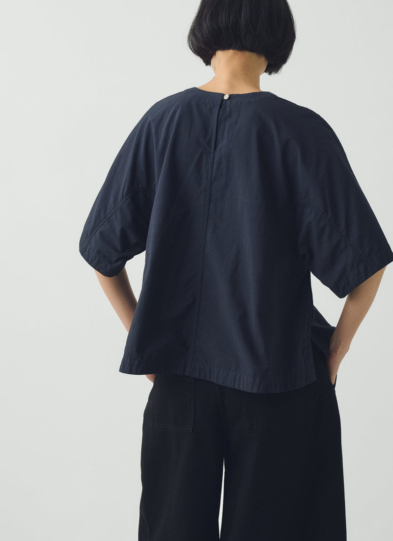 Textured Cotton Poplin V-Neck Top | Ink