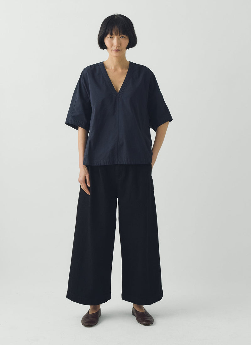 Textured Cotton Poplin V-Neck Top | Ink