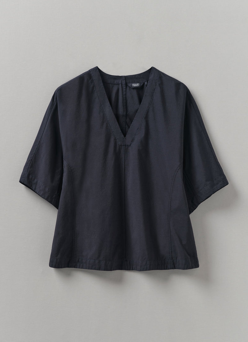 Textured Cotton Poplin V-Neck Top | Ink
