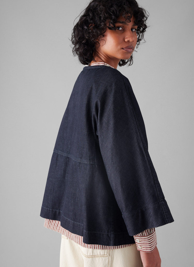 Half Placket Cotton Denim Smock | Indigo