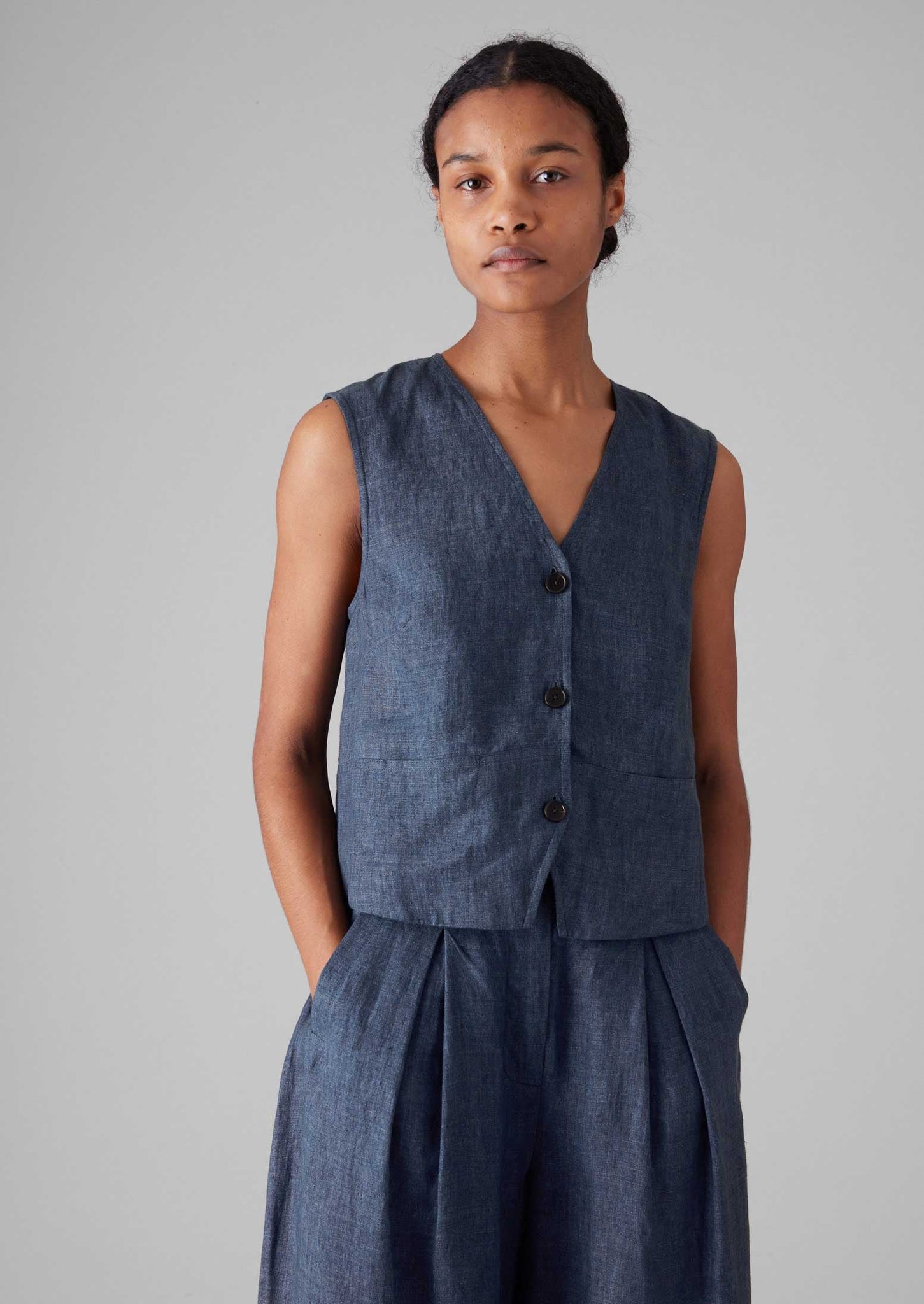 Linen Waistcoat Top | Denim Blue