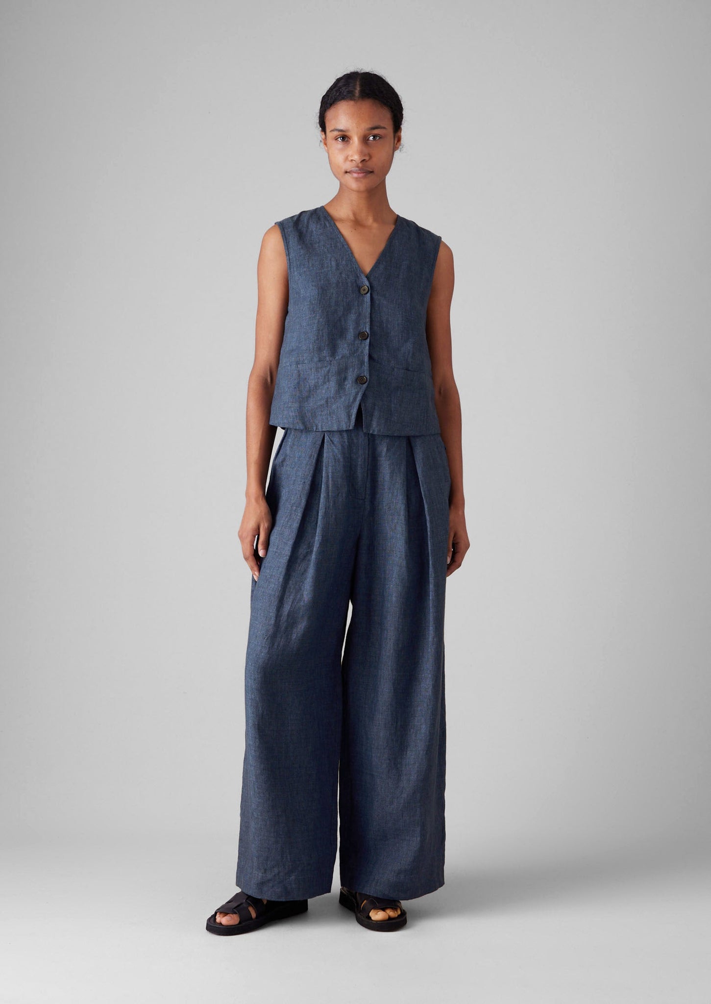 Linen Waistcoat Top | Denim Blue